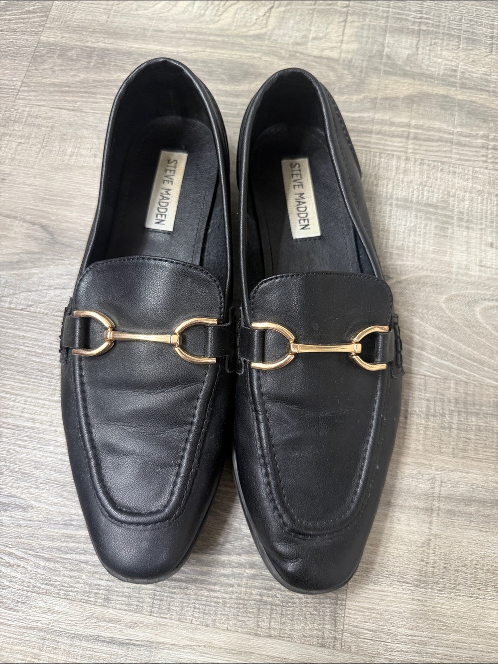 Steve Madden Carrine Black Leather Loafers with Gold Horsebit Hardware